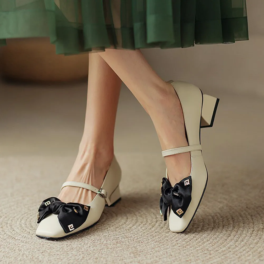 SQUARE TOE MID HEEL MARY JANE SHOES with BOW