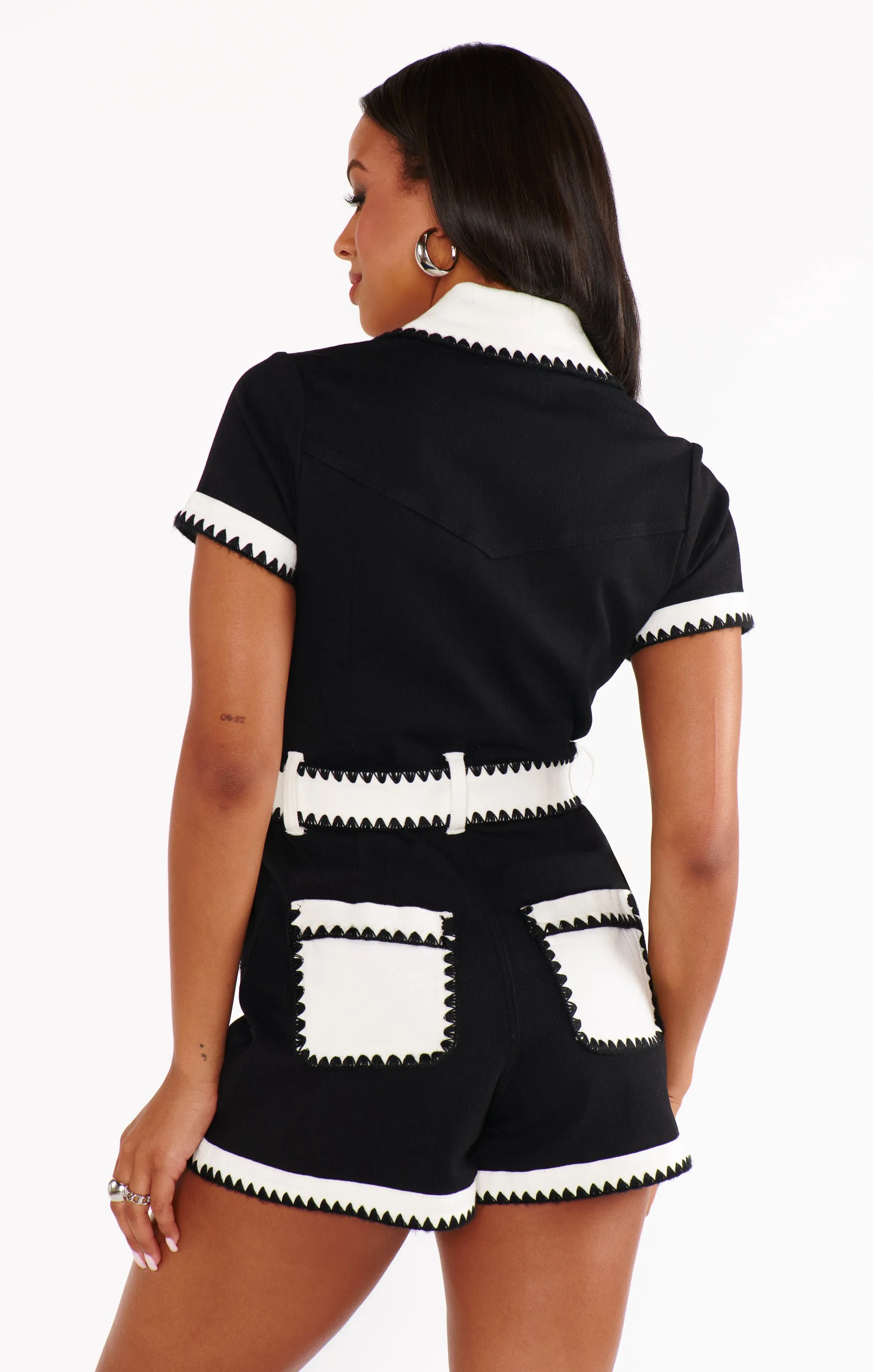 Tempe Romper ~ Black White Colorblock Denim