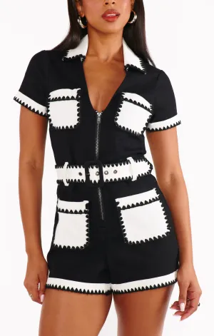 Tempe Romper ~ Black White Colorblock Denim