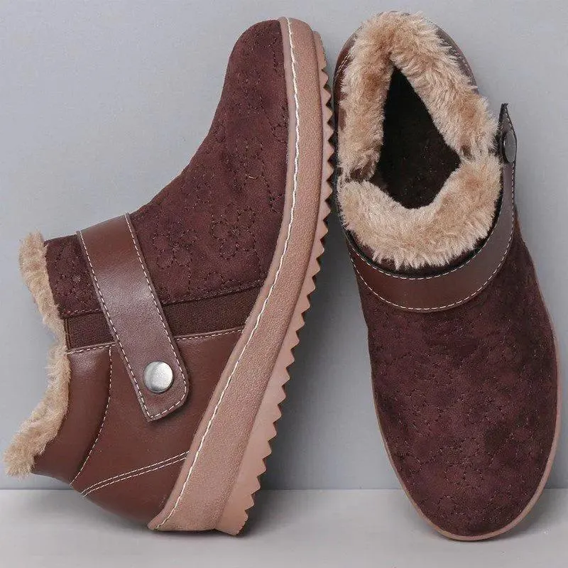 Women casual button strap color block ankle snow boots