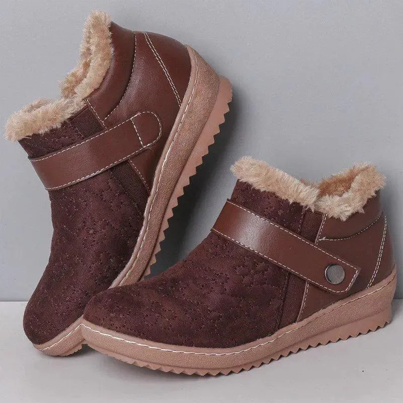 Women casual button strap color block ankle snow boots