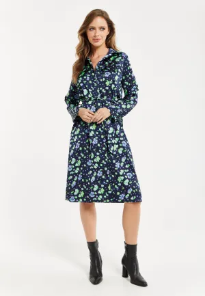 Women’s Midi Dress, Floral Print in Multicolour & Navy with Adjustable Waist Tie and Full-Length Sleeves