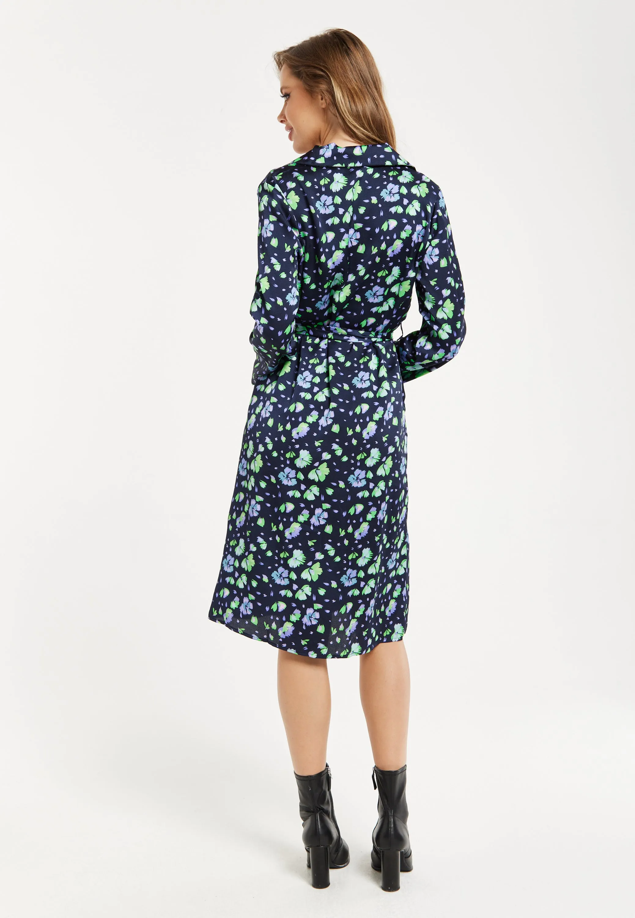 Women’s Midi Dress, Floral Print in Multicolour & Navy with Adjustable Waist Tie and Full-Length Sleeves