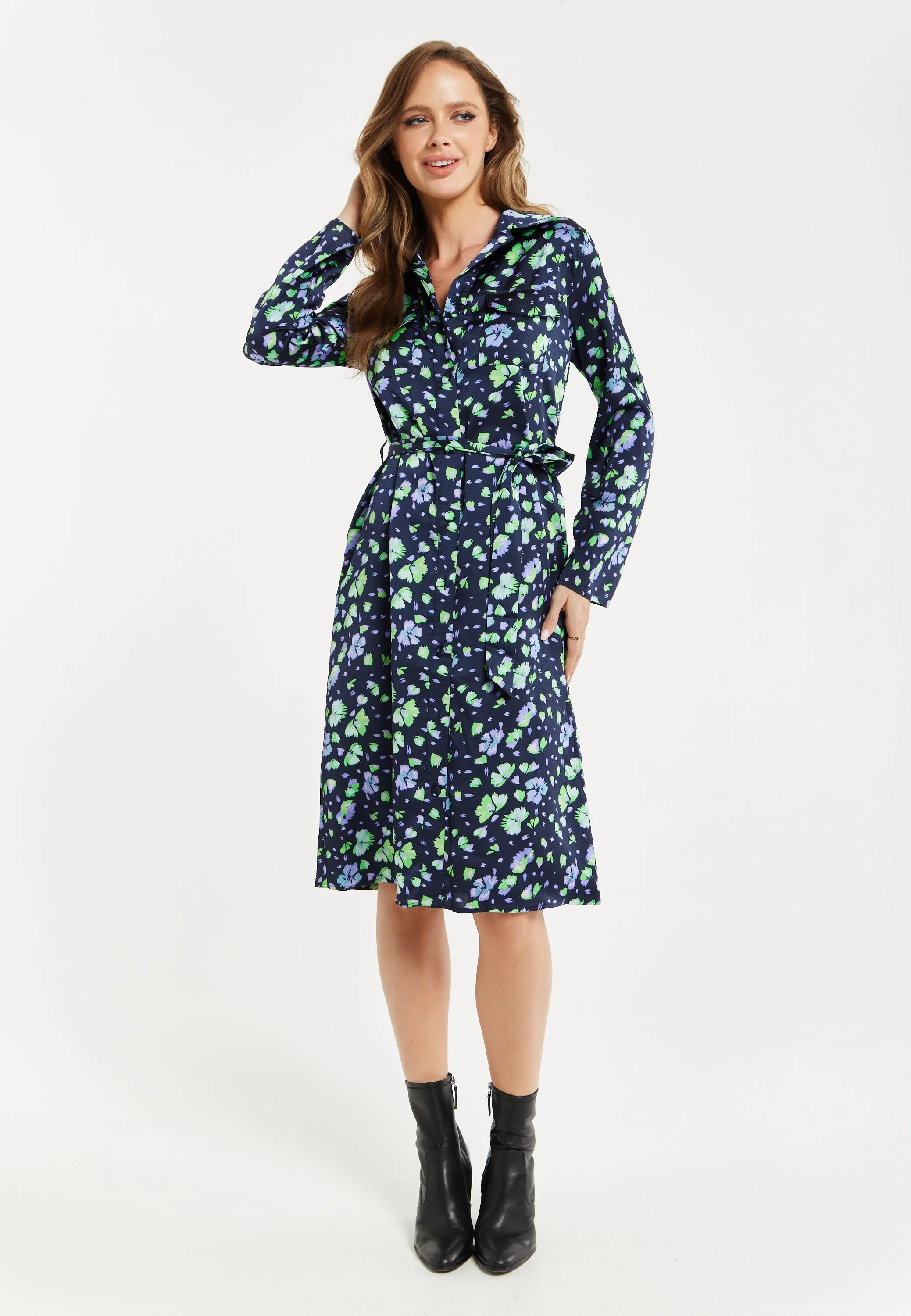 Women’s Midi Dress, Floral Print in Multicolour & Navy with Adjustable Waist Tie and Full-Length Sleeves