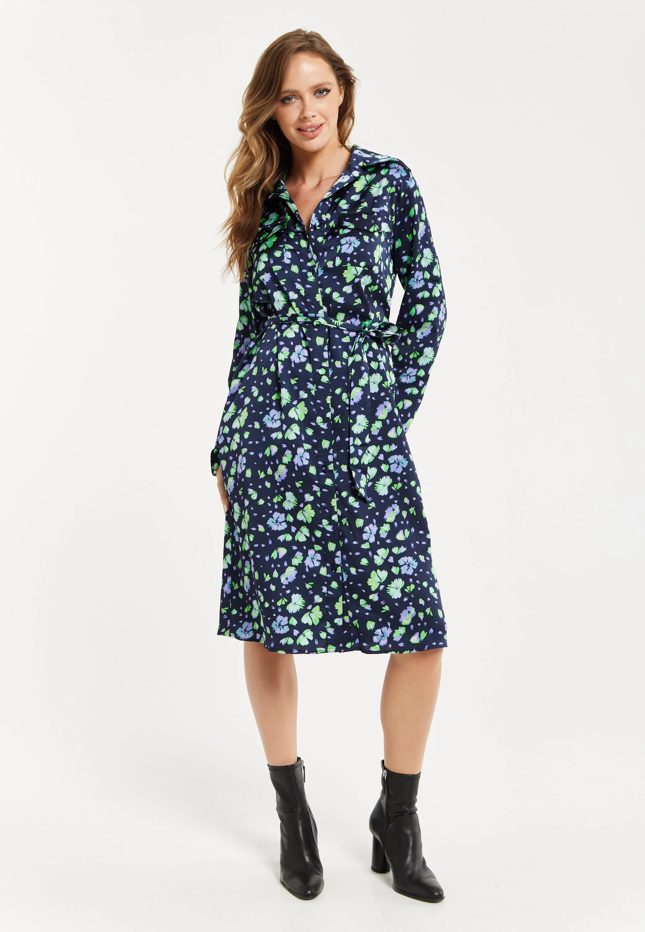 Women’s Midi Dress, Floral Print in Multicolour & Navy with Adjustable Waist Tie and Full-Length Sleeves