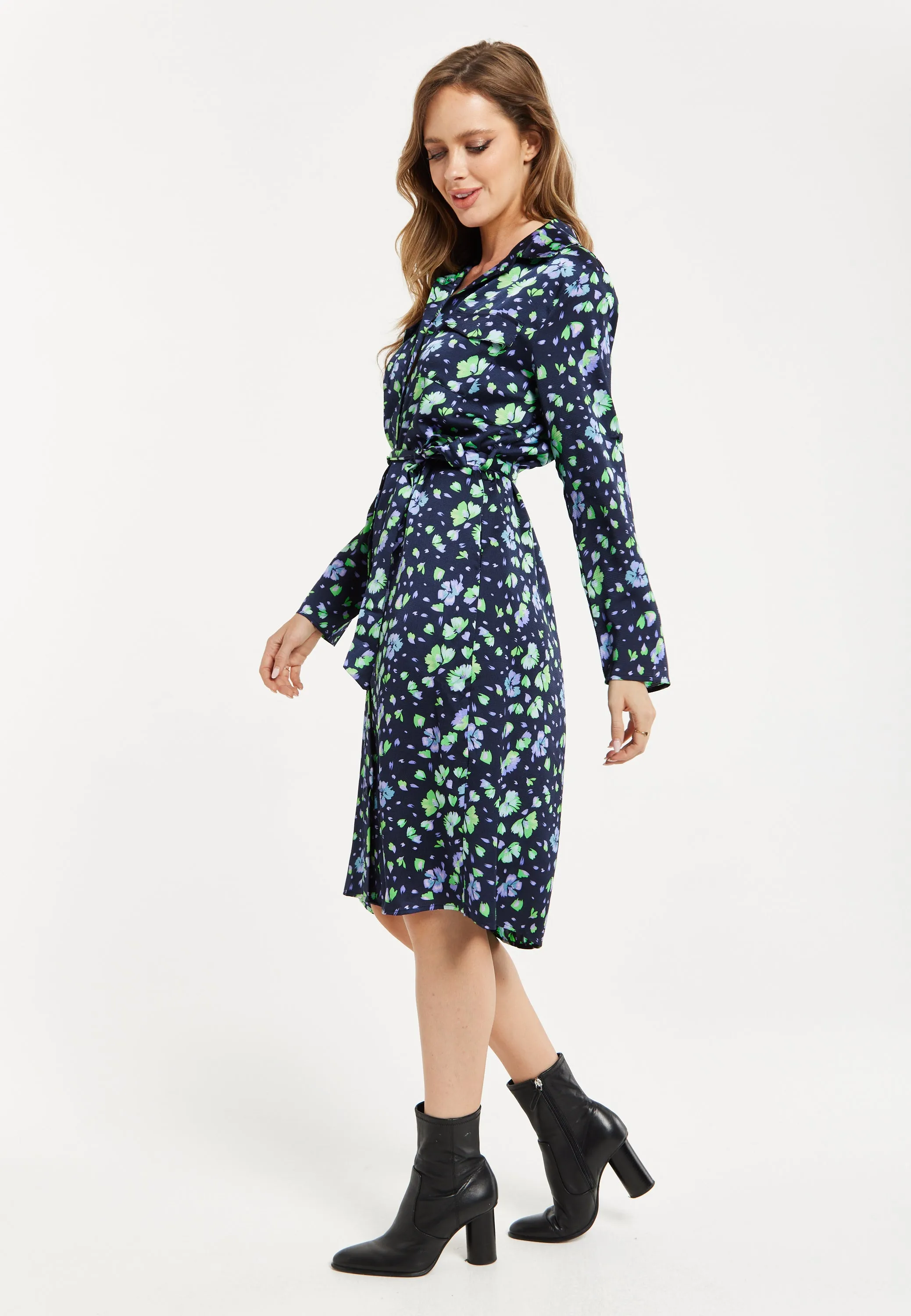 Women’s Midi Dress, Floral Print in Multicolour & Navy with Adjustable Waist Tie and Full-Length Sleeves