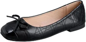 Women's Quilted Ballet Flats with Bow Detail, Square Toe, Multiple Colors
